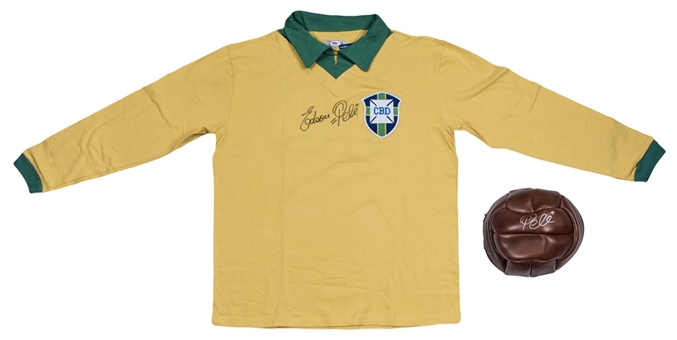 Lot of (2) Pele Signed 1962 Brazil World Cup Final Replica Jersey Signed "Edson=Pele" & 1958 Replica Soccer Ball (PSA/DNA)